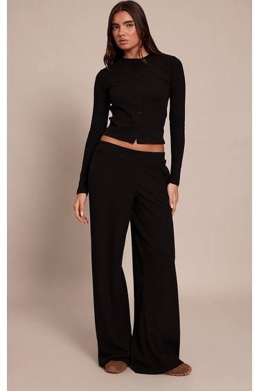 Black Rib Drawstring Low Rise Trouser