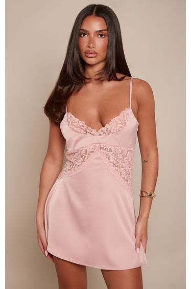 Baby Pink Lace Cut Out Satin Flippy Nighty