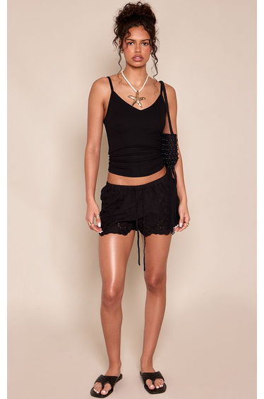 Black Broderie Cotton Drawstring Shorts