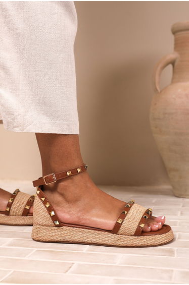 AVIVA WIDE FIT STUDDED GLADIATOR BRAIDED STRAP ESPADRILLE FLATFORM IN TAN FAUX LEATHER