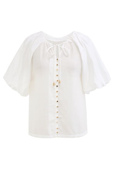 Button Down Bubble Sleeve Top in White