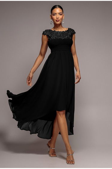Goddiva Crochet & Pleated Top High Low Maxi - Black