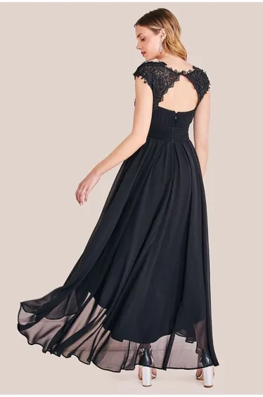 فستان ماكسي كروشية بكسرات بطول متباين - أسود