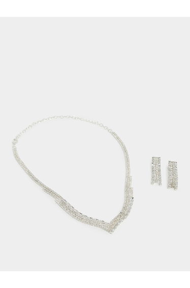 Set of 2 - Silver Crystal Embellished Necklace and Earrings