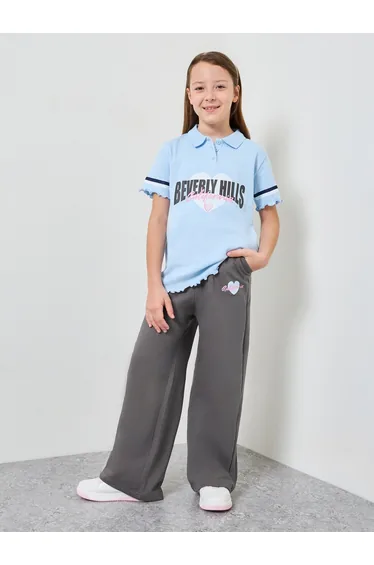 Girls Ribbed Printed Polo T-Shirt and Joggers Set