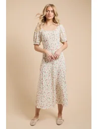 Floral Ruched Scoop Neck Midi Dress