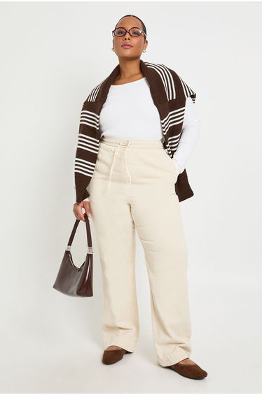 Plus Elasticated Drawstring Waist Wide Leg Jeans - ecru
