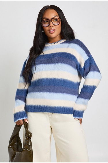 Plus Brushed Stripe Oversized Jumper - blue