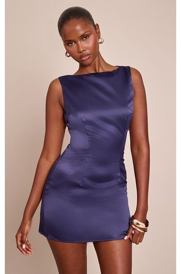 Navy Blue Satin Boat Mini Dress