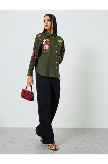 Green Floral Embroidered Shirt