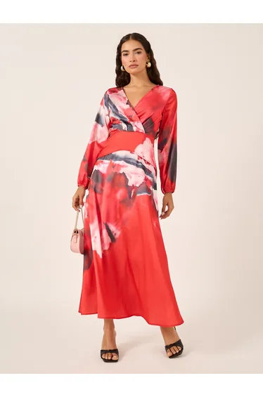 Abstract Print Cuffed Sleeves A-Line Maxi Dress