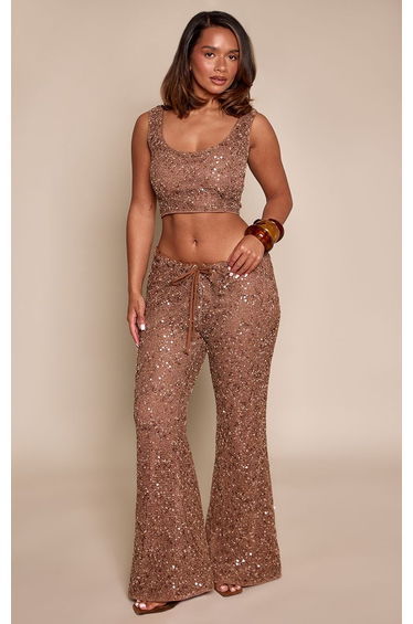 Shape Chocolate Sequin Wide Leg Trouser