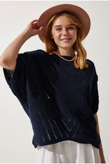 Women's Navy Blue Openwork Bat Knitwear Blouse