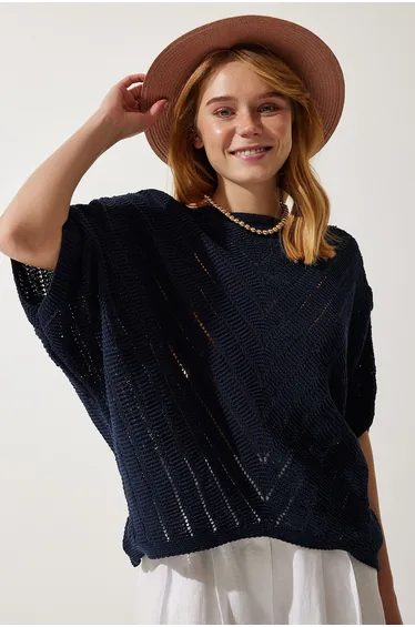 Women's Navy Blue Openwork Bat Knitwear Blouse