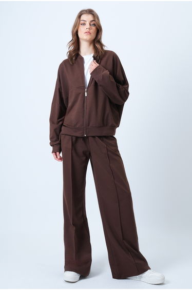 Women's Brown High Collar Stitching Detailed Jacket and Casual Cut Trousers Set