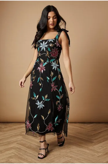 Floral Embellished Split Midi Dress