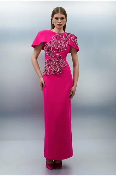 Placed Floral Crystal Embellished Tailored Cape Maxi Dress