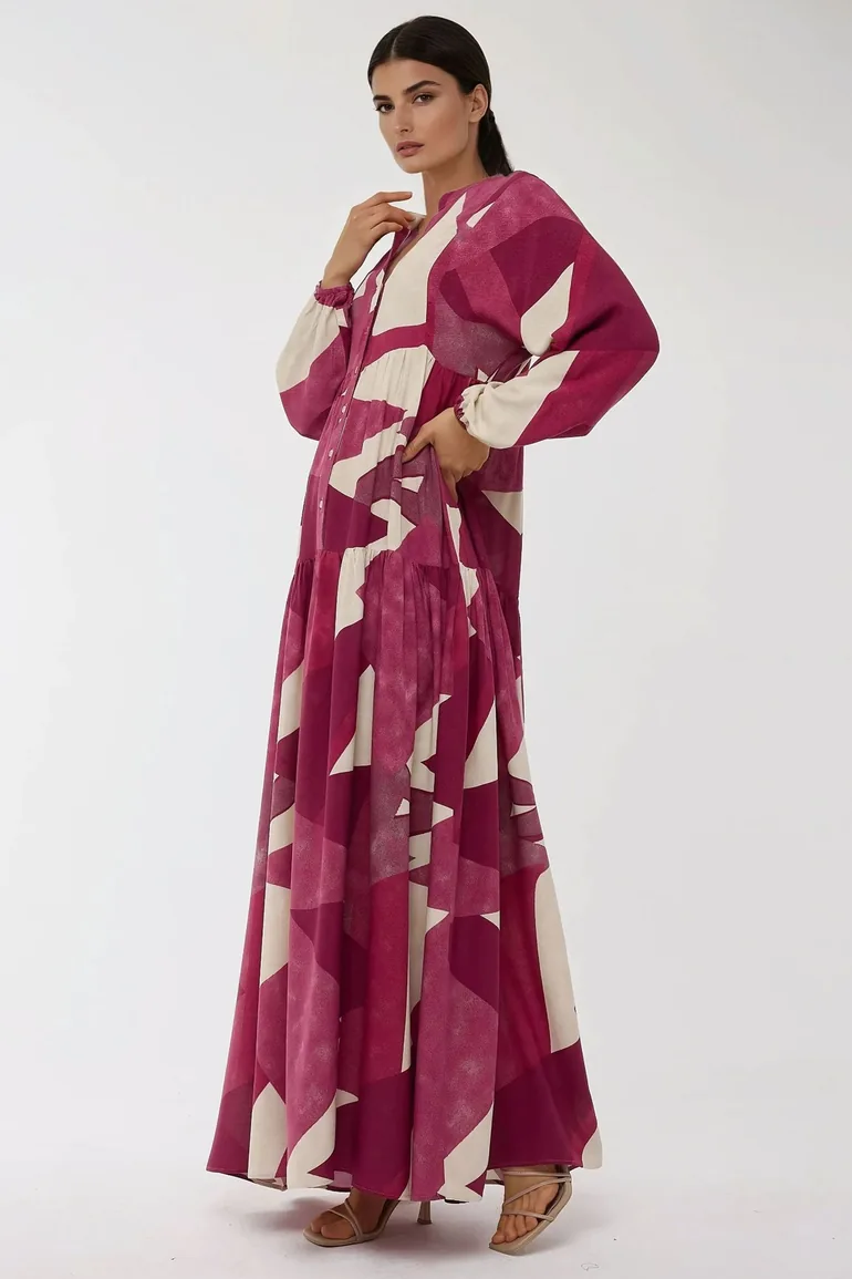 فستان ماكسي بأكمام طويلة بطبعة  - 3