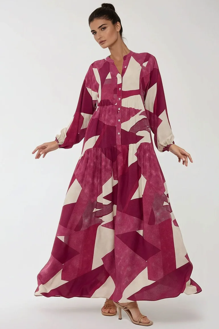 فستان ماكسي بأكمام طويلة بطبعة  - 1