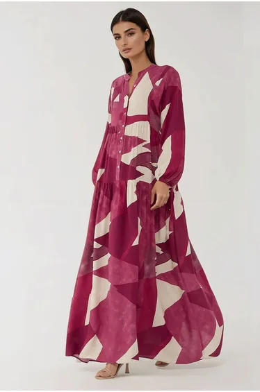 فستان ماكسي بأكمام طويلة بطبعة 