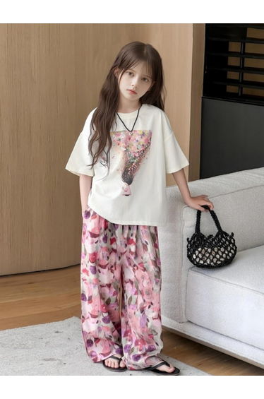 Girls Graphic Print T-Shirt and Wide Leg Pants Set