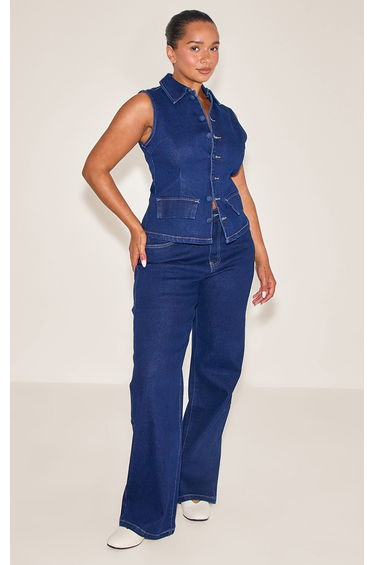 Shape Indigo Stretch Denim Button Front Longline Top