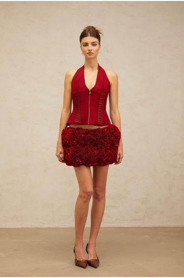Paloma red halterneck lace-up top