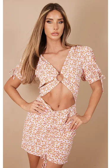 Orange Floral Print Chiffon Ring Detail Cut Out Bodycon Dress