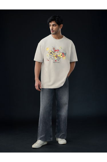 Beige Majnu Bhai Print Oversized T-Shirt