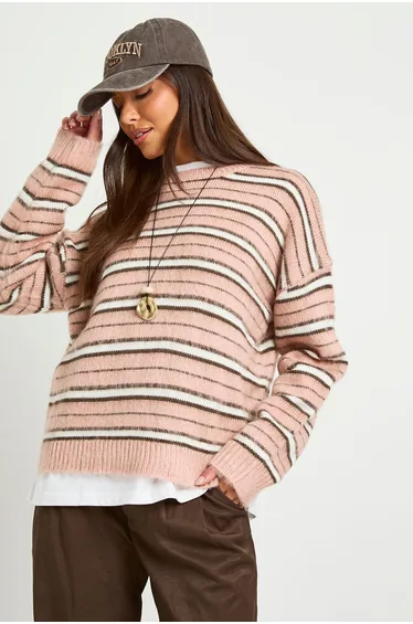 كنزة محبوكة مخططة بتصميم واسع - زهري