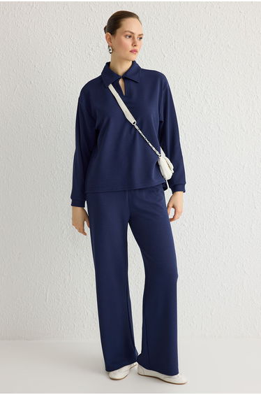 Navy Blue Crepe Knitted Top-Bottom Set