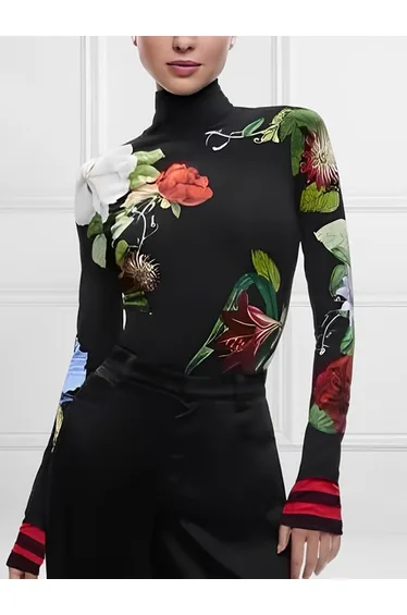 Long Sleeves Skinny Floral Printed Split-Joint High Neck T-shirts