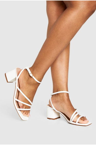 Wide Fit Triple Strap Detail Low Block Heels - ivory