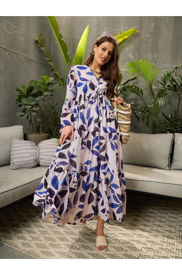 White Leaf Print Tiered Maxi Dress