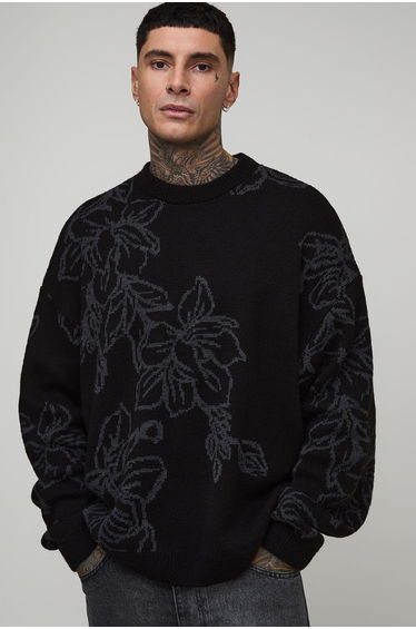 Tall Boxy Oversized Fluffy Floral Jacquard Knitted Jumper