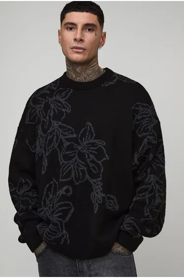 Tall Boxy Oversized Fluffy Floral Jacquard Knitted Jumper