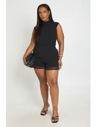 Plus High Neck Lace Trim Tailored Playsuit - black - 2