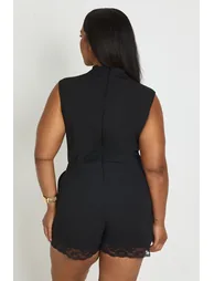 Plus High Neck Lace Trim Tailored Playsuit - black - 1