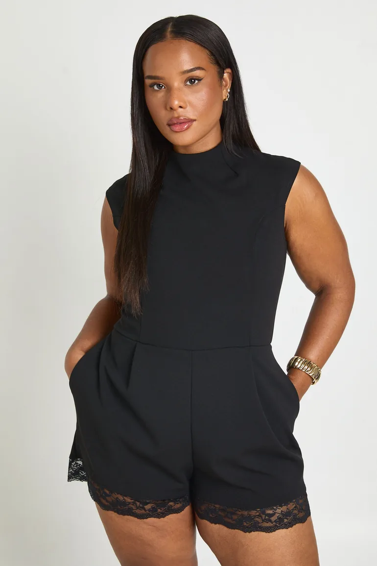 Plus High Neck Lace Trim Tailored Playsuit - black