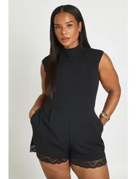 Plus High Neck Lace Trim Tailored Playsuit - black