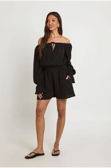 Textured Bardot Blouson Playsuit - black