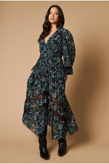 Paisley Pleated Lace Trim Insert Wrap Midaxi Dress