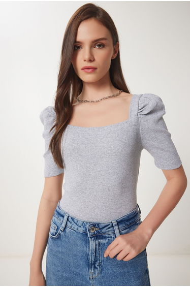 Women's Gray Melange Square Neck Ribbed Crop Blouse