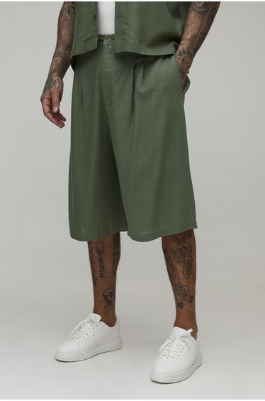 Tall Half & Half Waist Relaxed Longline Linen Blend Jorts - olive