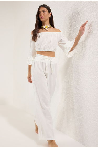 Ecru Woven 100% Cotton Carmen Collar Beach Blouse Pants Suit