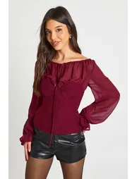 Chiffon Crepe High Neck Blouse - burgundy - 2
