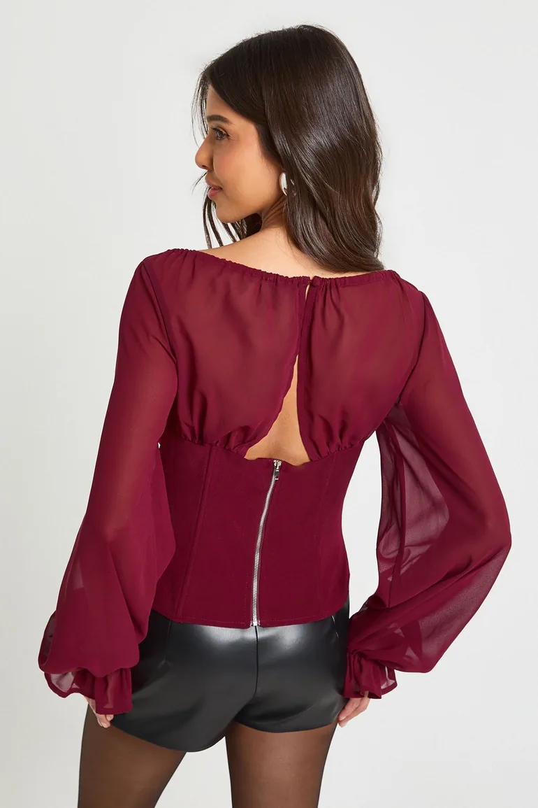 Chiffon Crepe High Neck Blouse - burgundy - 1