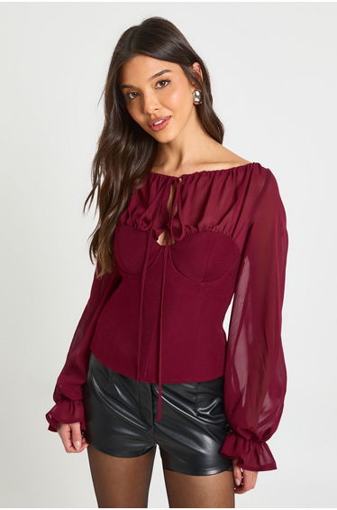 Chiffon Crepe High Neck Blouse - burgundy