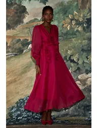 Organza 3D Flower V-Neck Midi Dress - 5