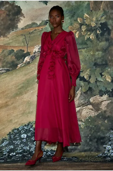 Organza 3D Flower V-Neck Midi Dress